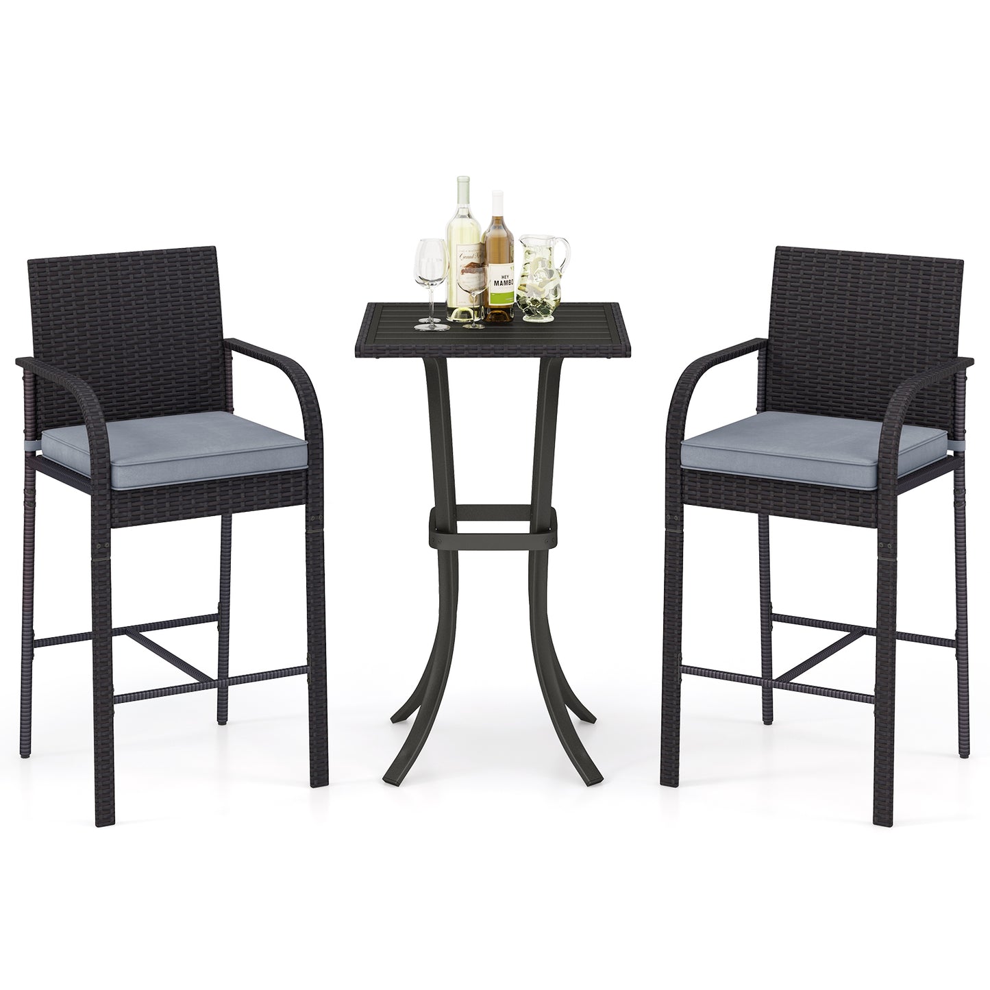 3-Piece Patio Wicker Rattan Bar Height Chairs and Square Table Set-Black
