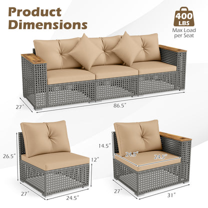 Patio Wicker Sectional Furniture Set with 1 Armless and 2 Corner Sofas for Garden