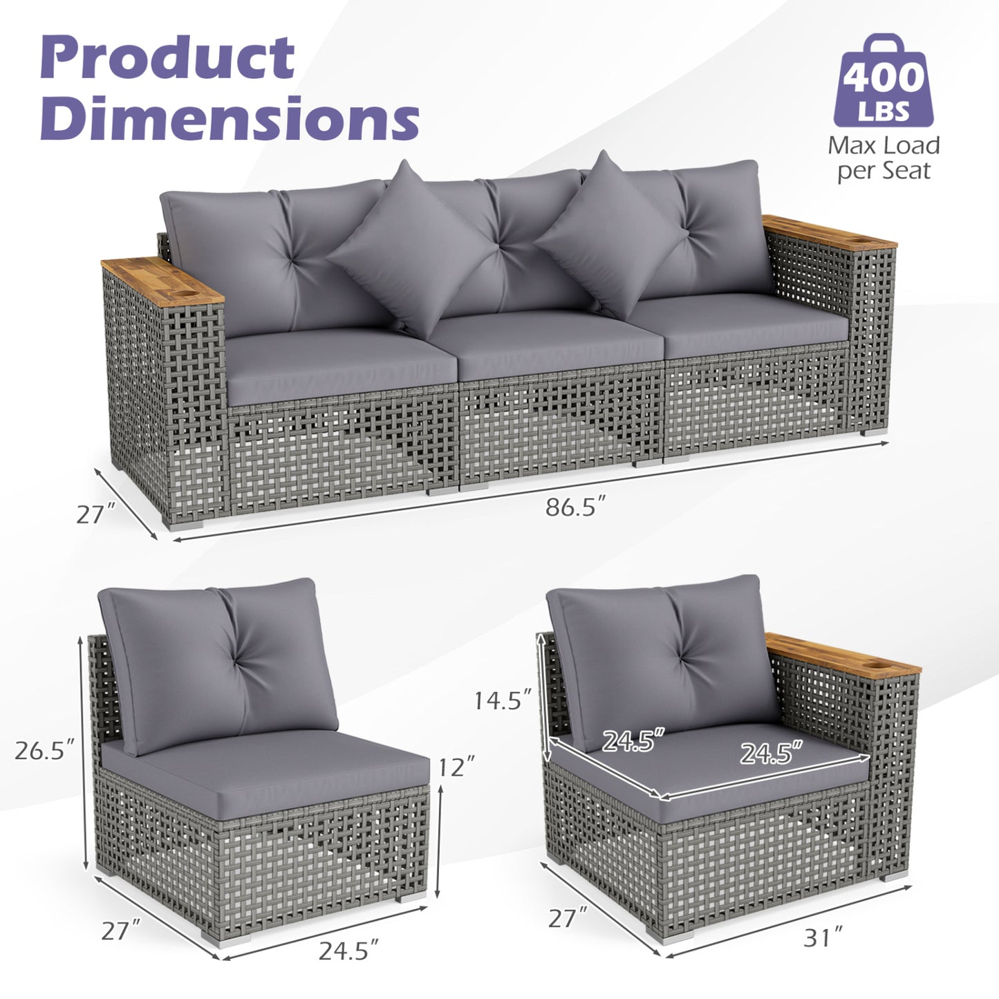 Patio Wicker Sectional Furniture Set with 1 Armless and 2 Corner Sofas for Garden