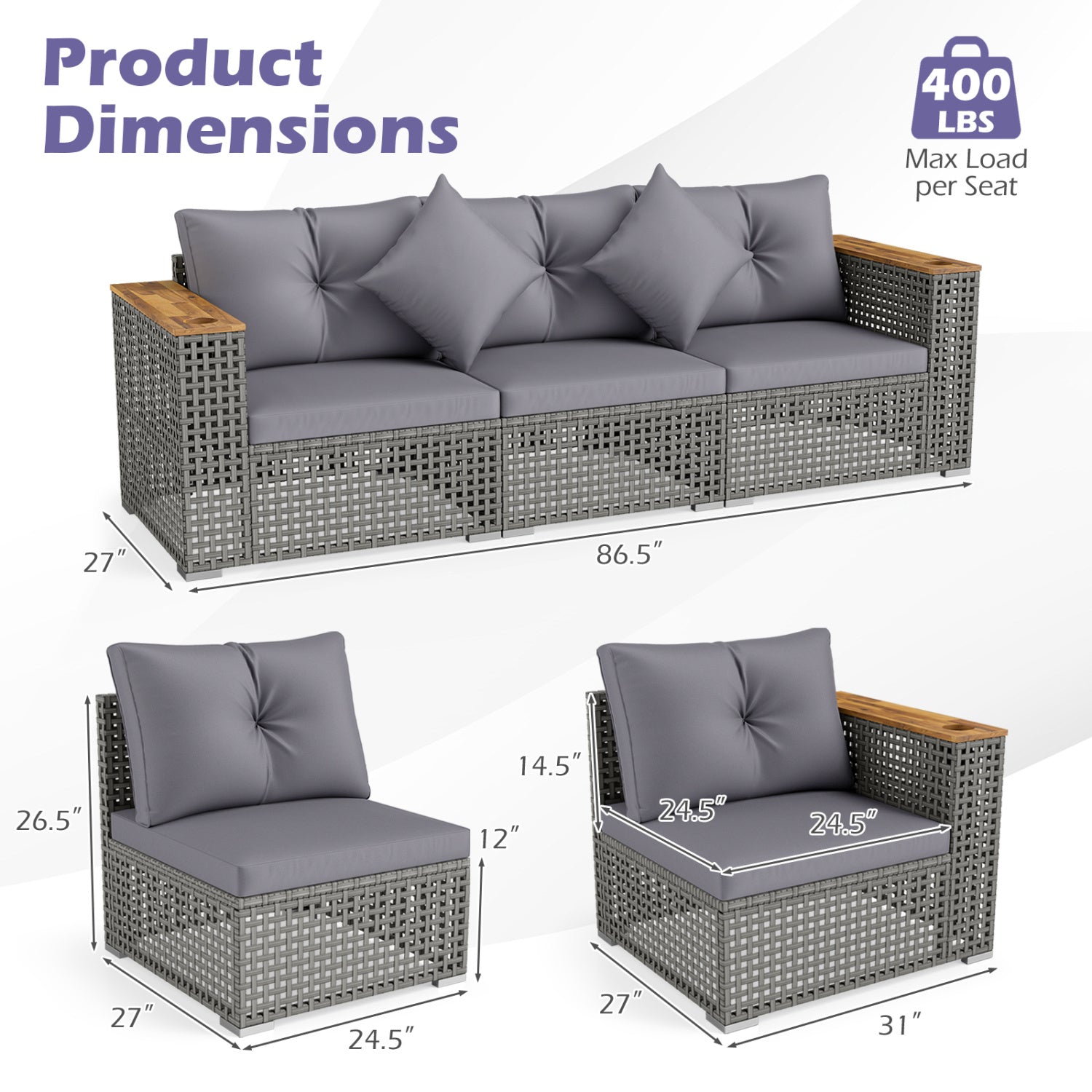 Patio Wicker Sectional Furniture Set with 1 Armless and 2 Corner Sofas for Garden
