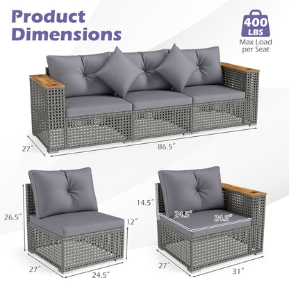 Patio Wicker Sectional Furniture Set with 1 Armless and 2 Corner Sofas for Garden