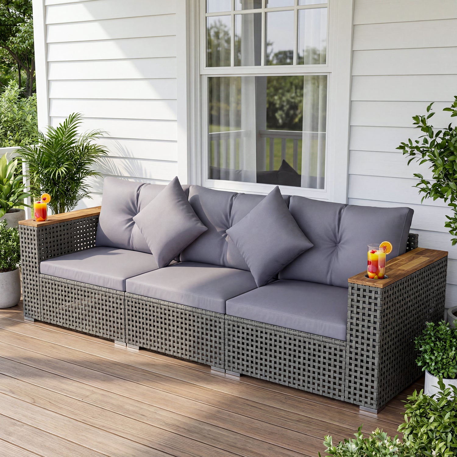 Patio Wicker Sectional Furniture Set with 1 Armless and 2 Corner Sofas for Garden