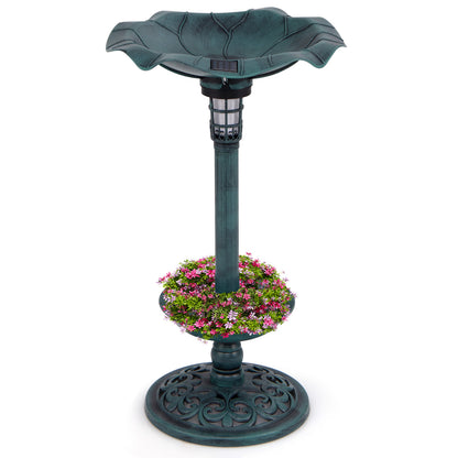 Pedestal Birdbath and Feeder with Solar Light - Lotus Leaf