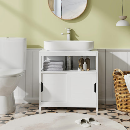 Pedestal Sink Storage Cabinet with 2 Sliding Doors and U-shaped Cut-out-White