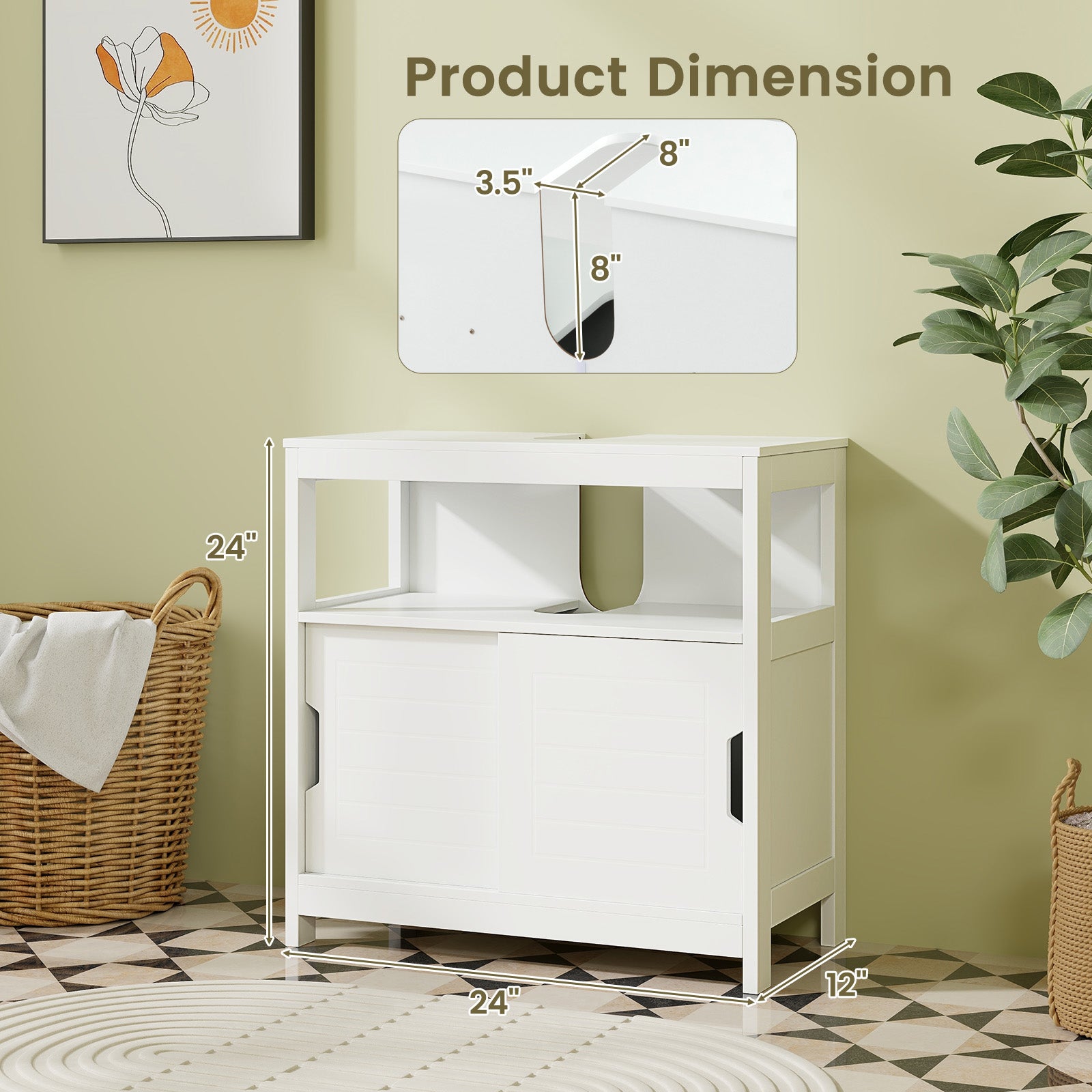 Pedestal Sink Storage Cabinet with 2 Sliding Doors and U-shaped Cut-out-White
