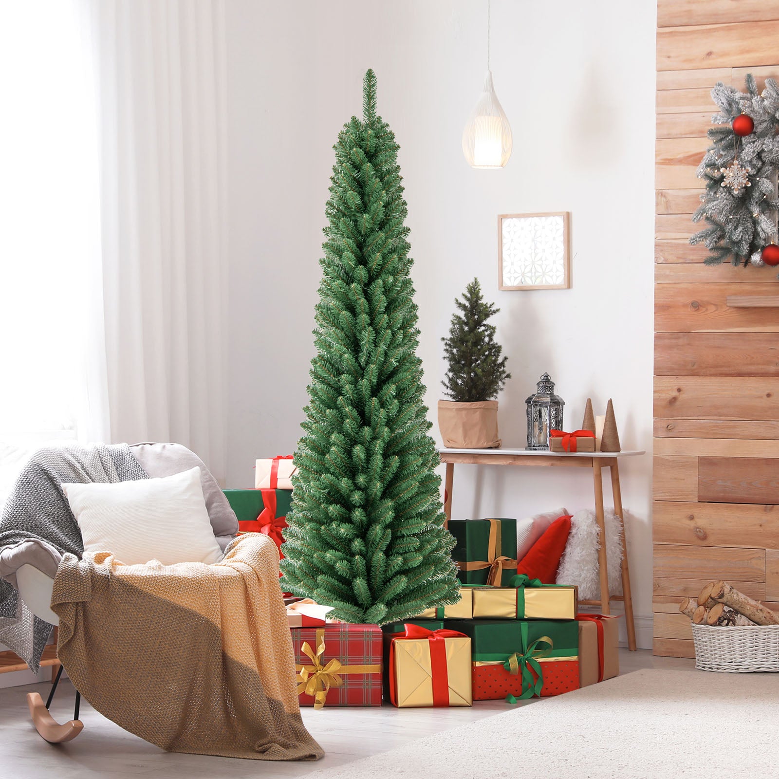 Pencil Christmas Tree with Memory Wire Branch Tips and Warm LED Lights-6FT