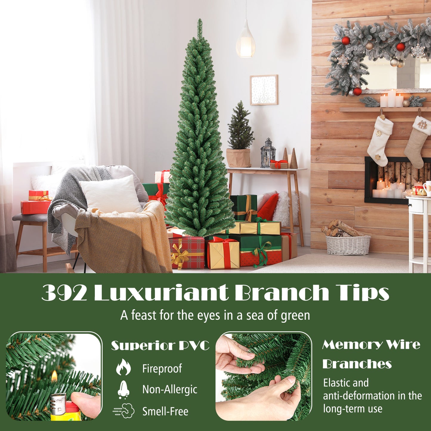 Pencil Christmas Tree with Memory Wire Branch Tips and Warm LED Lights-6FT