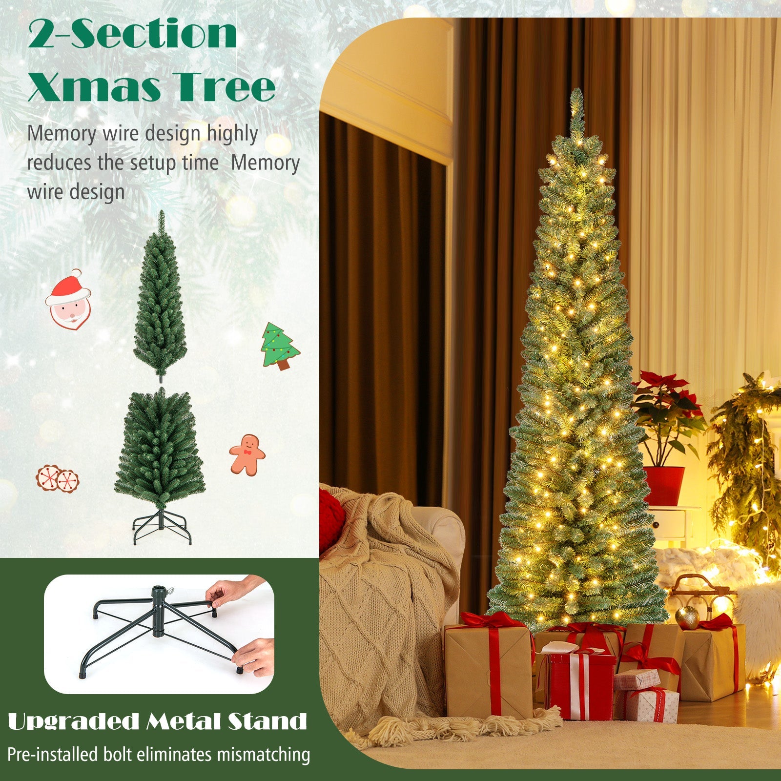 Pencil Christmas Tree with Memory Wire Branch Tips and Warm LED Lights-6FT