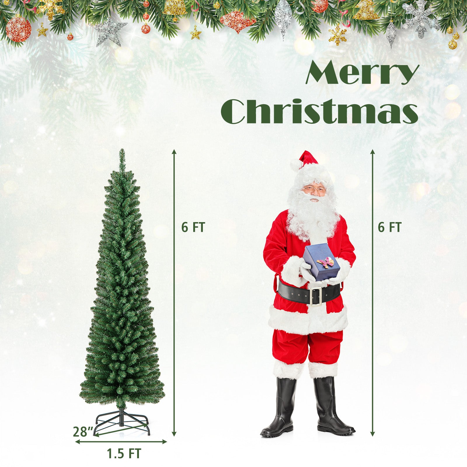 Pencil Christmas Tree with Memory Wire Branch Tips and Warm LED Lights-6FT