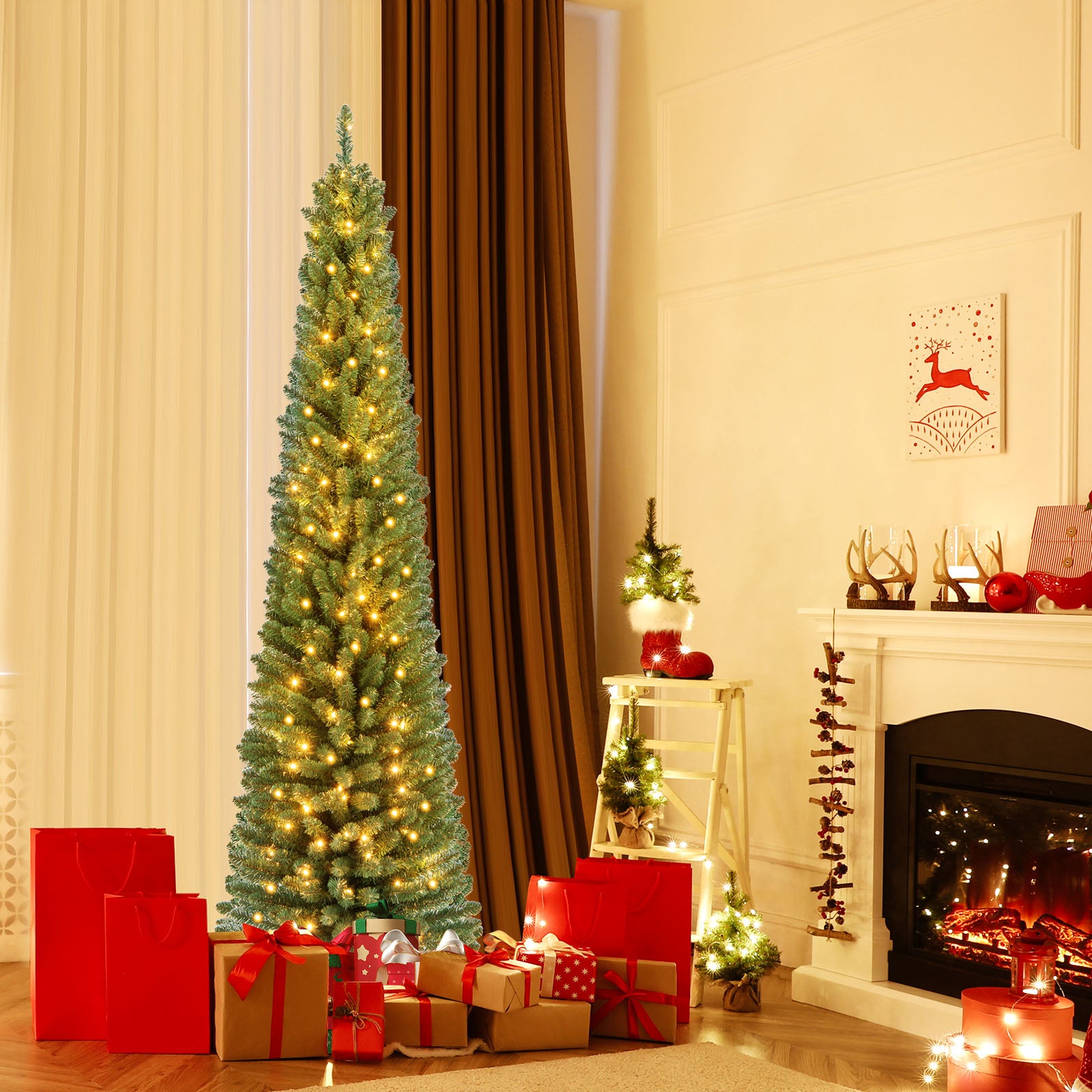 Pencil Christmas Tree with Memory Wire Branch Tips and Warm LED Lights-7FT