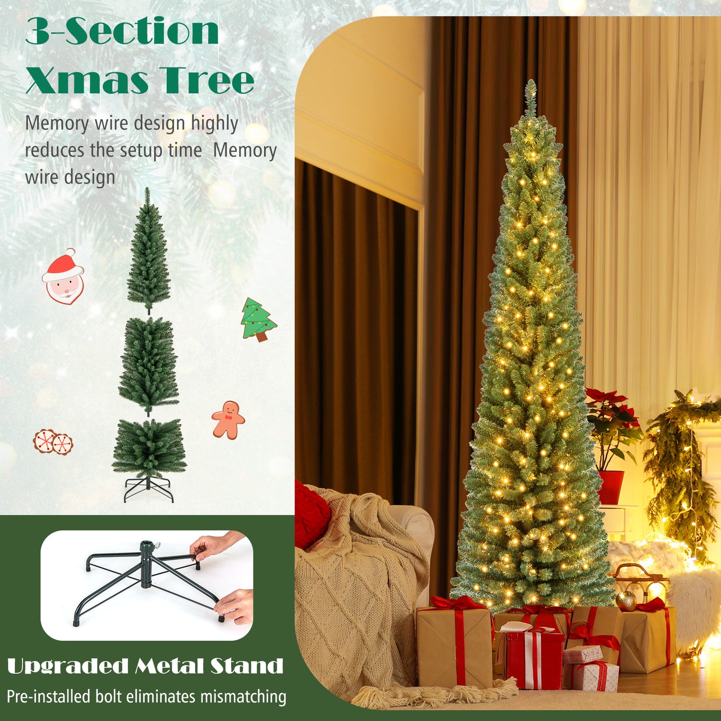 Pencil Christmas Tree with Memory Wire Branch Tips and Warm LED Lights-7FT