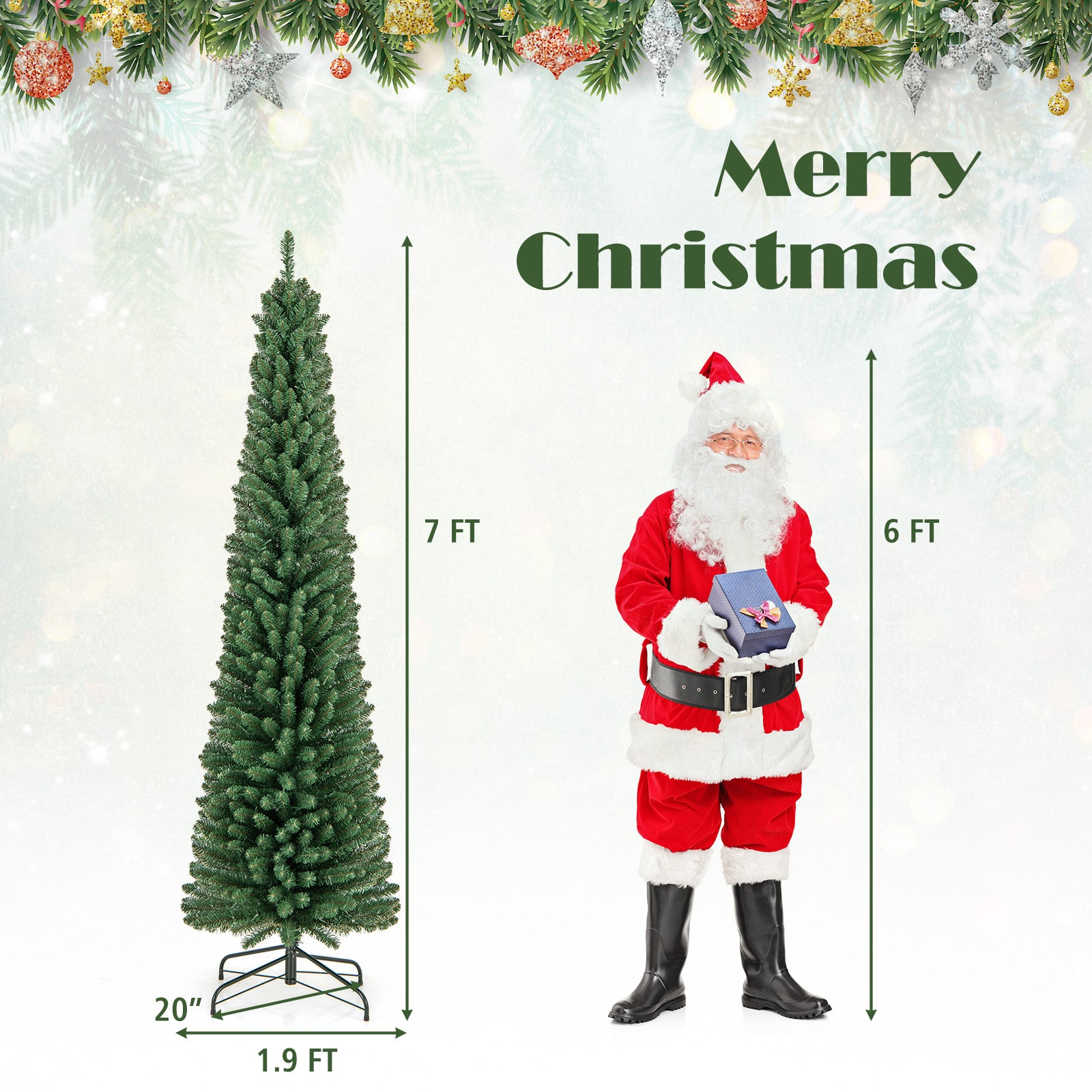 Pencil Christmas Tree with Memory Wire Branch Tips and Warm LED Lights-7FT