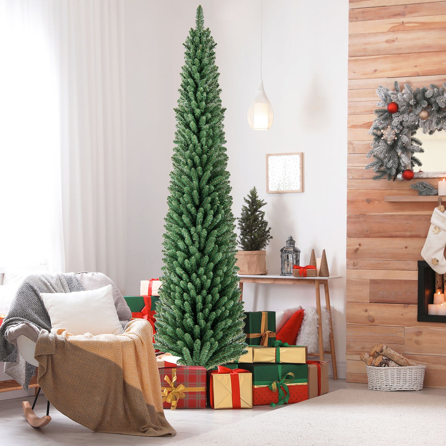 Pencil Christmas Tree with Memory Wire Branch Tips and Warm LED Lights-8FT