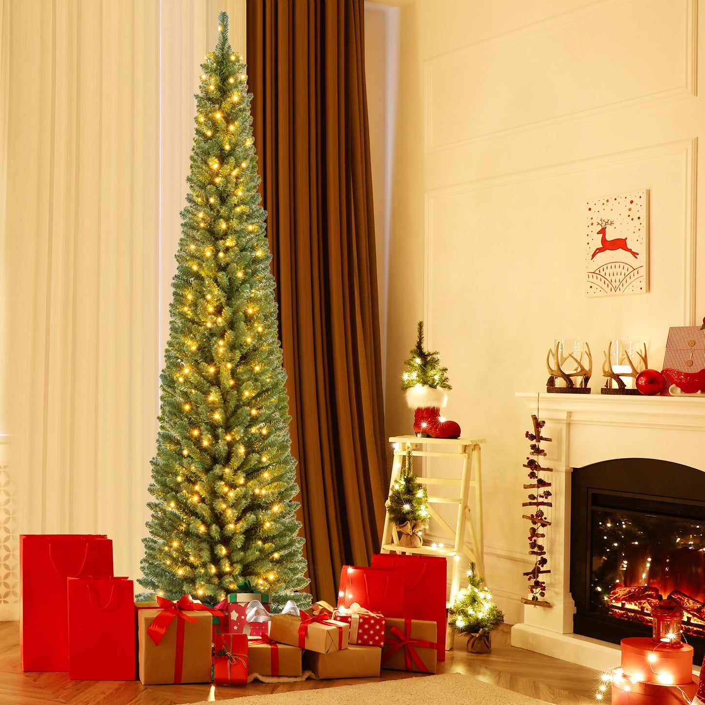 Pencil Christmas Tree with Memory Wire Branch Tips and Warm LED Lights-8FT
