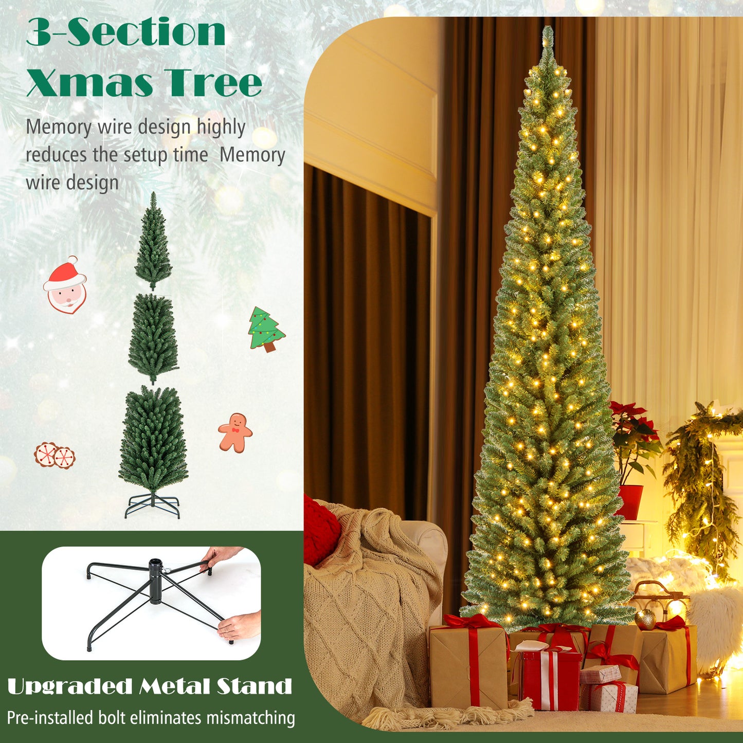 Pencil Christmas Tree with Memory Wire Branch Tips and Warm LED Lights-8FT