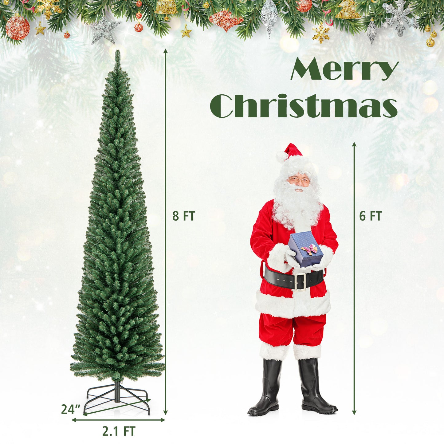 Pencil Christmas Tree with Memory Wire Branch Tips and Warm LED Lights-8FT