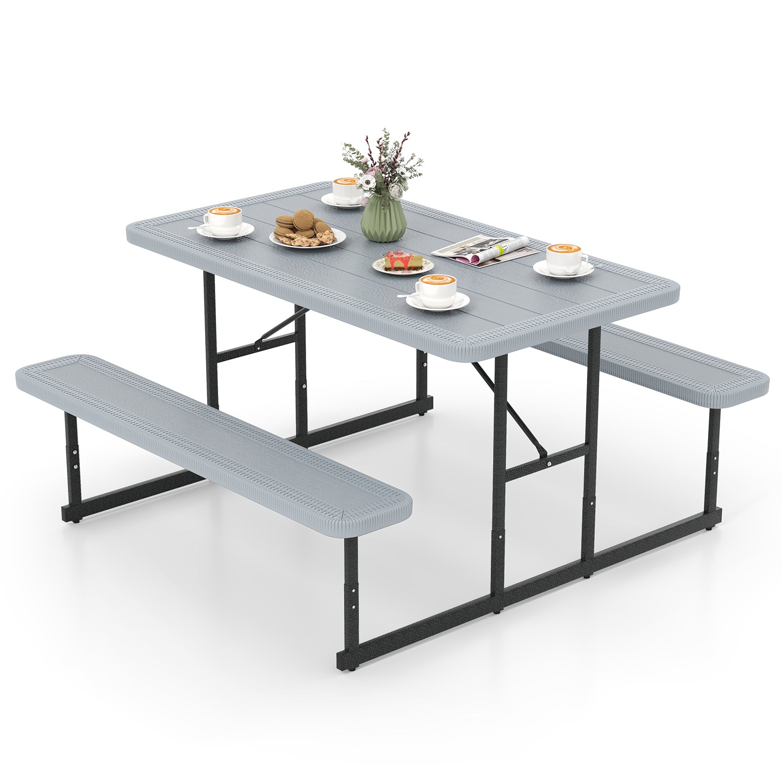 Picnic Table Bench Set for 2-4 People Outdoor Rectangular Camping Dining Table-Green - Gray
