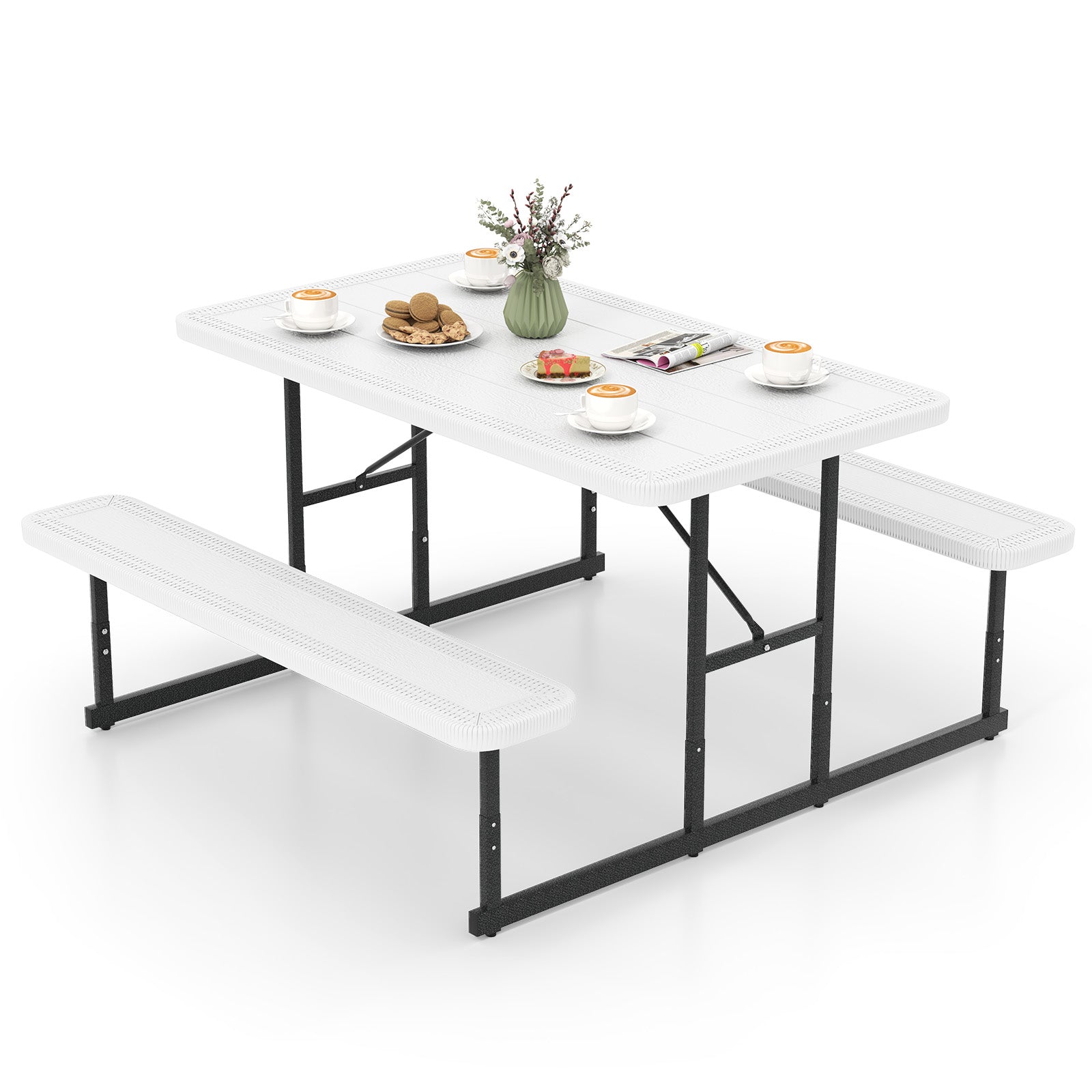 Picnic Table Bench Set for 2-4 People Outdoor Rectangular Camping Dining Table-Green - White