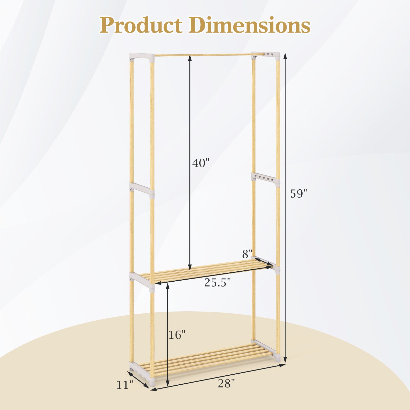 Pine Wood Clothes Rack with 2-Tier Open Storage Shelf for Hanging Clothes-Gray