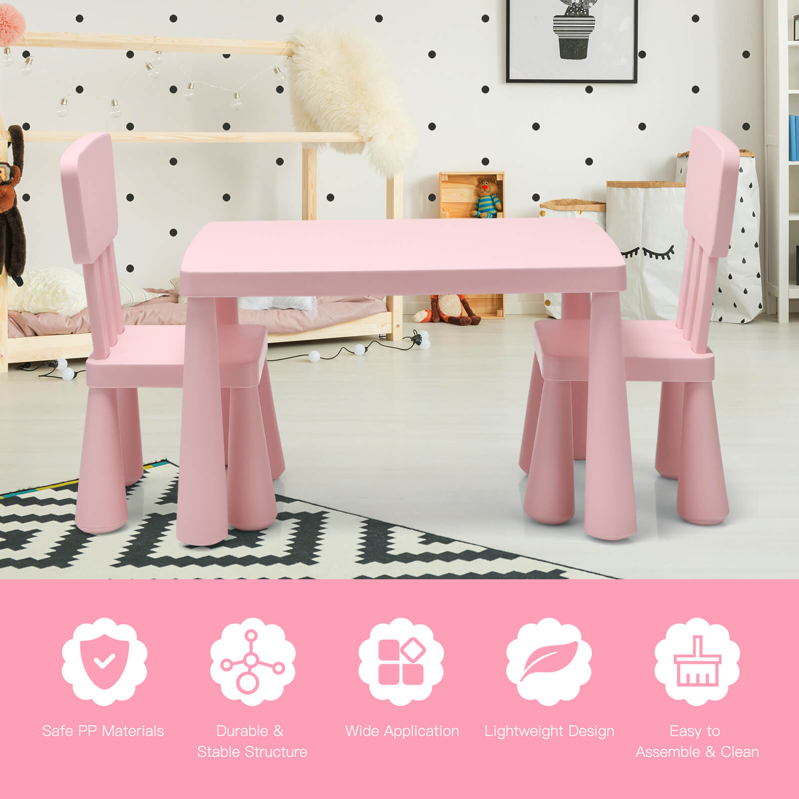3 Pieces Toddler Multi Activity Play Dining Study Kids Table and Chair Set-Green - Pink