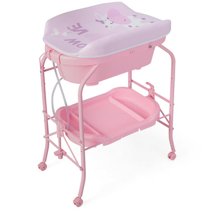 Folding Baby Changing Table with Bathtub and 4 Universal Wheels-Pink - Pink