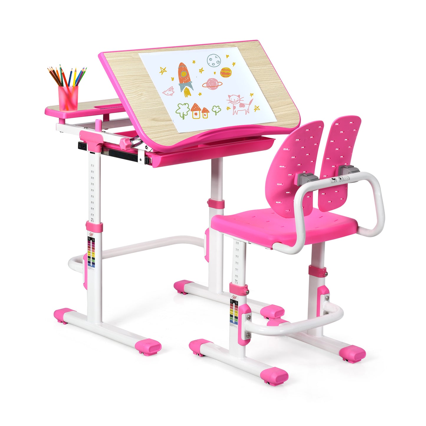 Height Adjustable Kids Study Desk and Chair Set-Pink