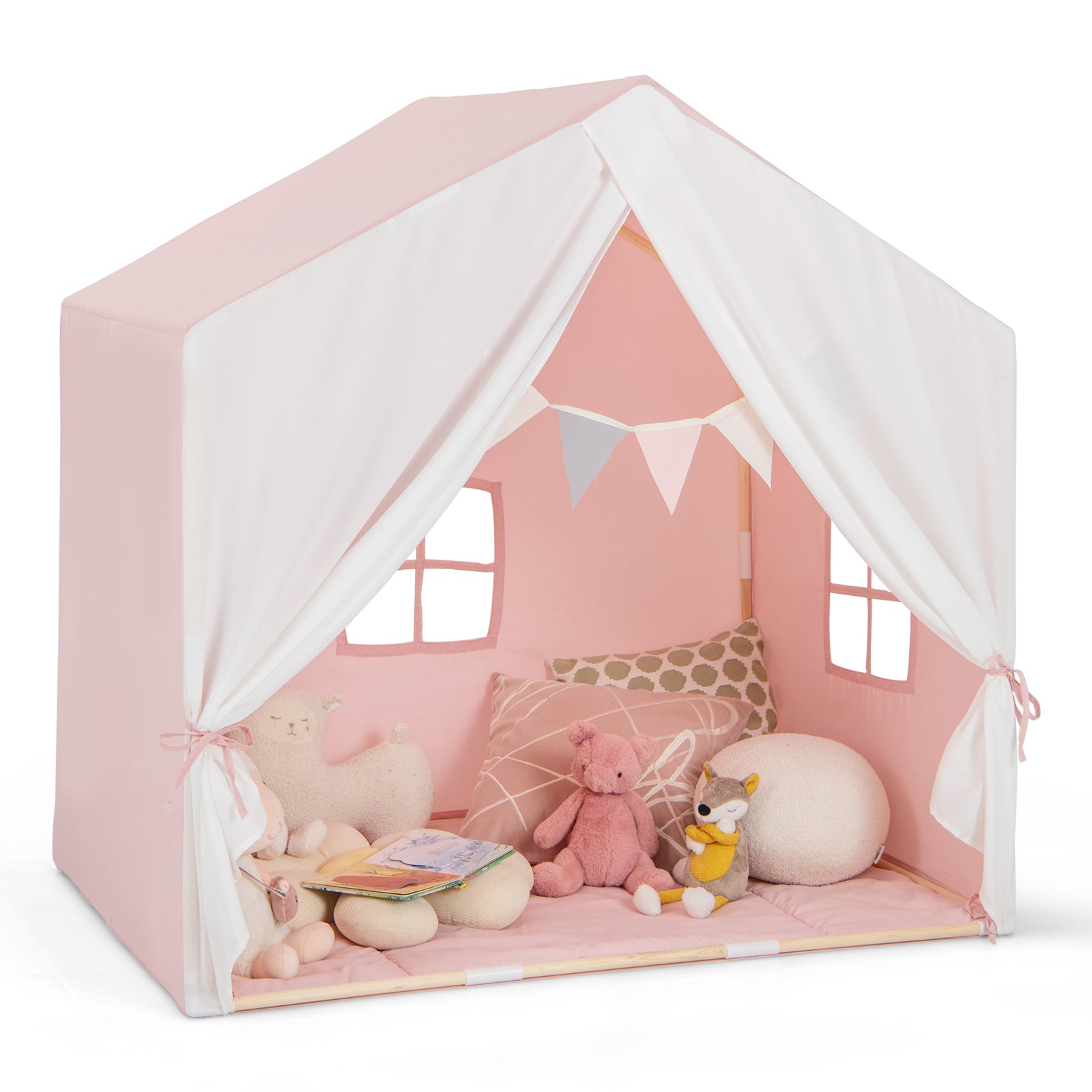 Kid's Play Tent with Washable Cotton Mat and Flag Banner-Gray - Pink