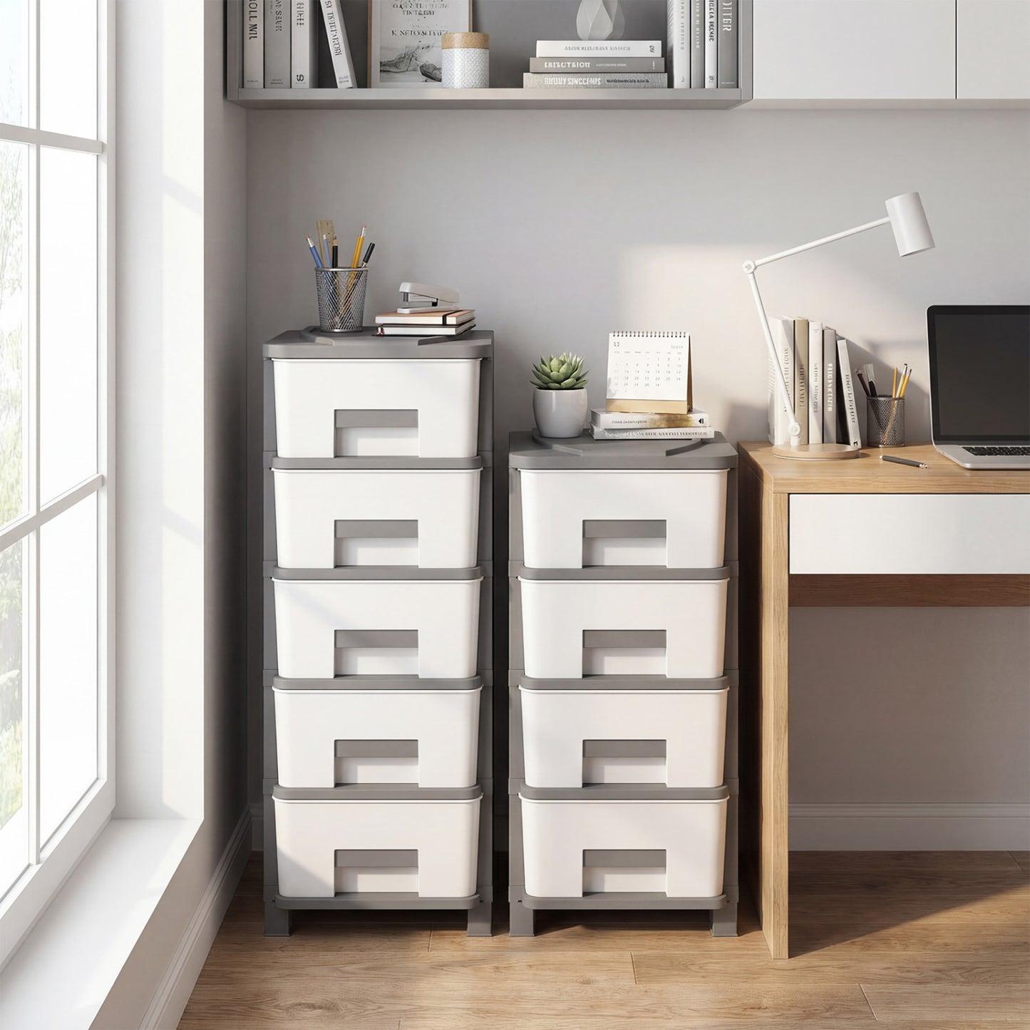 Plastic Storage Organizer with Handles and Compact Drawer Cabinet Side Table for Bedroom