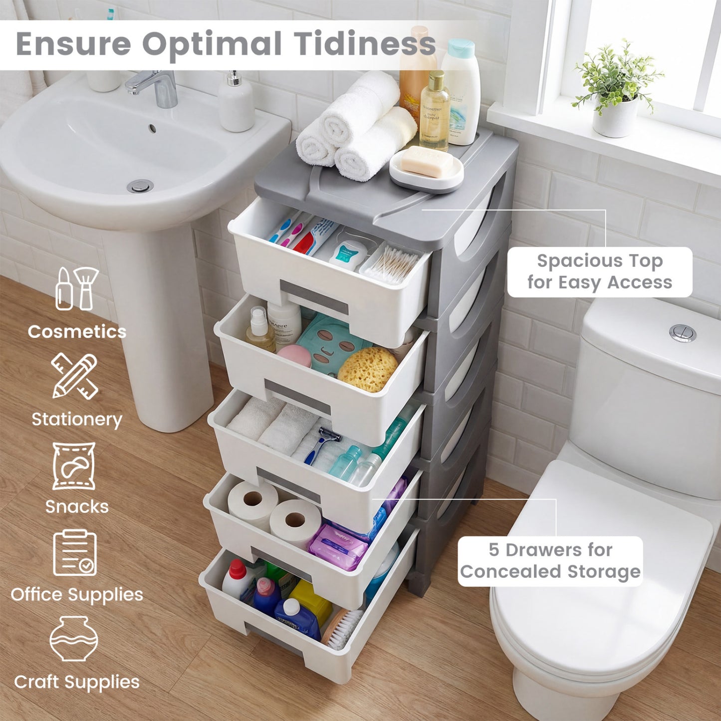 Plastic Storage Organizer with Handles and Compact Drawer Cabinet Side Table for Bedroom