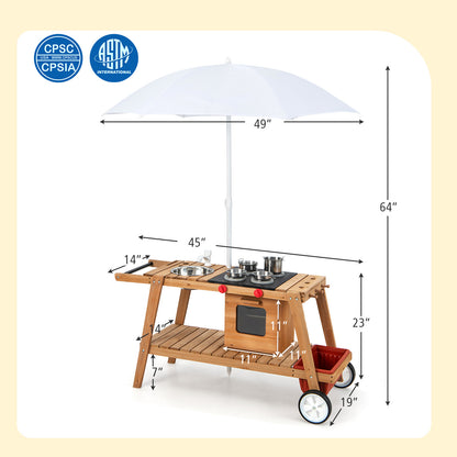 Wooden Play Cart with Sun Proof Umbrella for Toddlers Over 3 Years Old