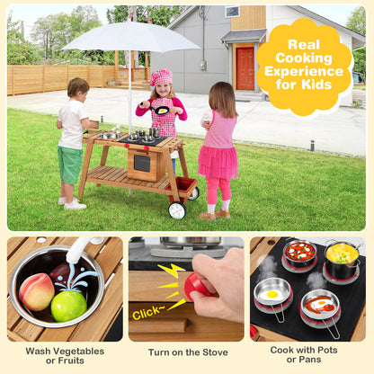 Wooden Play Cart with Sun Proof Umbrella for Toddlers Over 3 Years Old