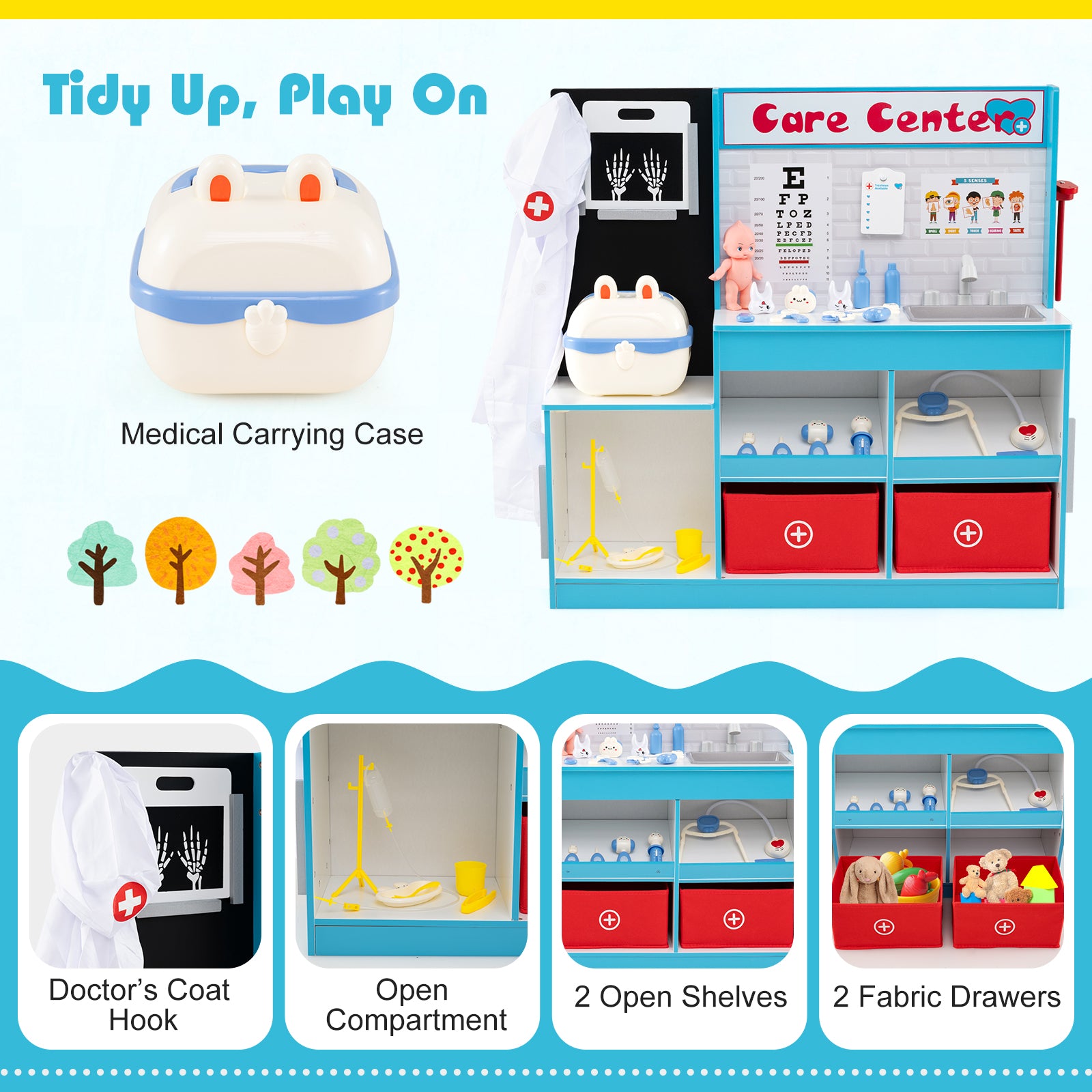 Play Doctor's Office Wood Medical Center Toy Set with Examine Region-Blue