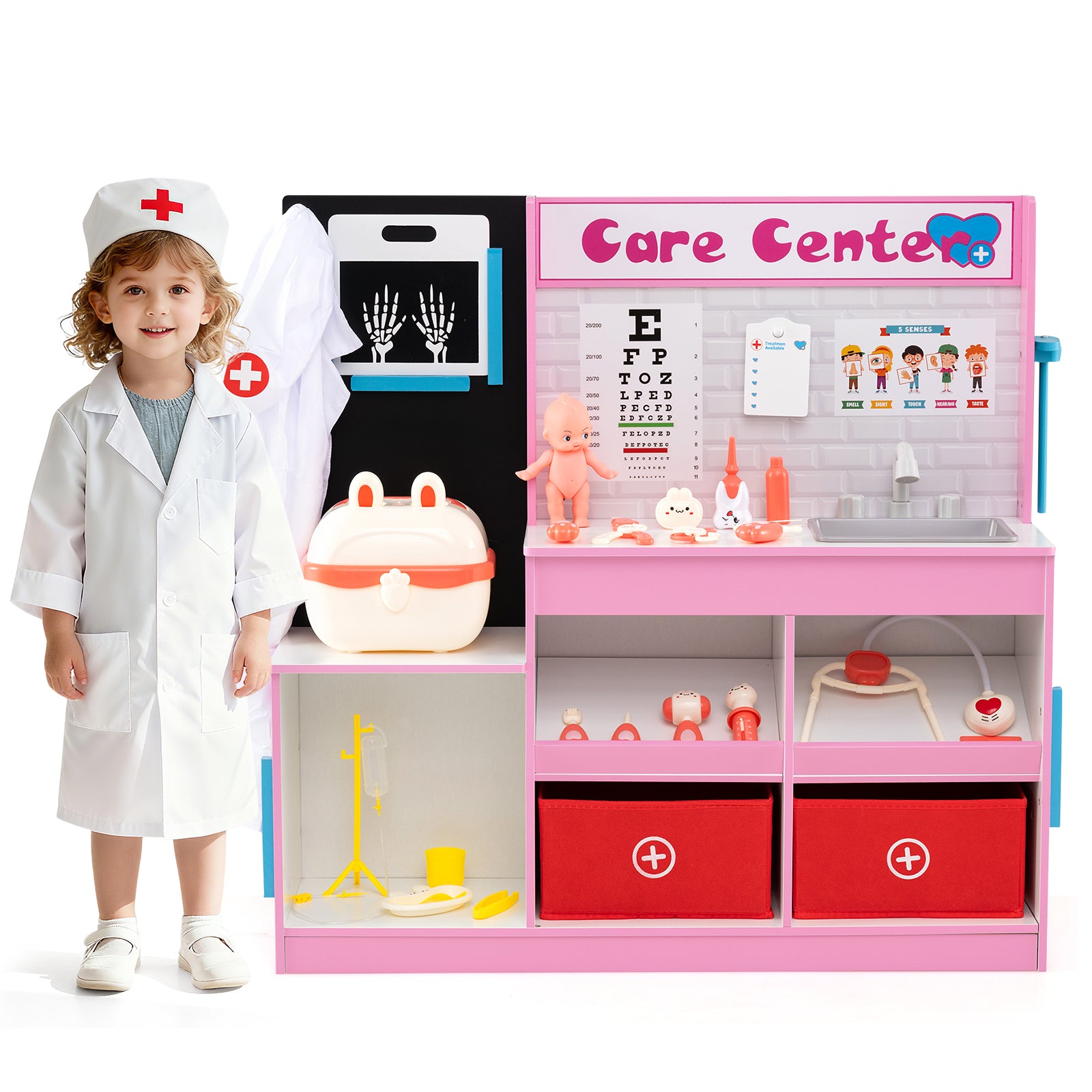 Play Doctor's Office Wood Medical Center Toy Set with Examine Region-Pink