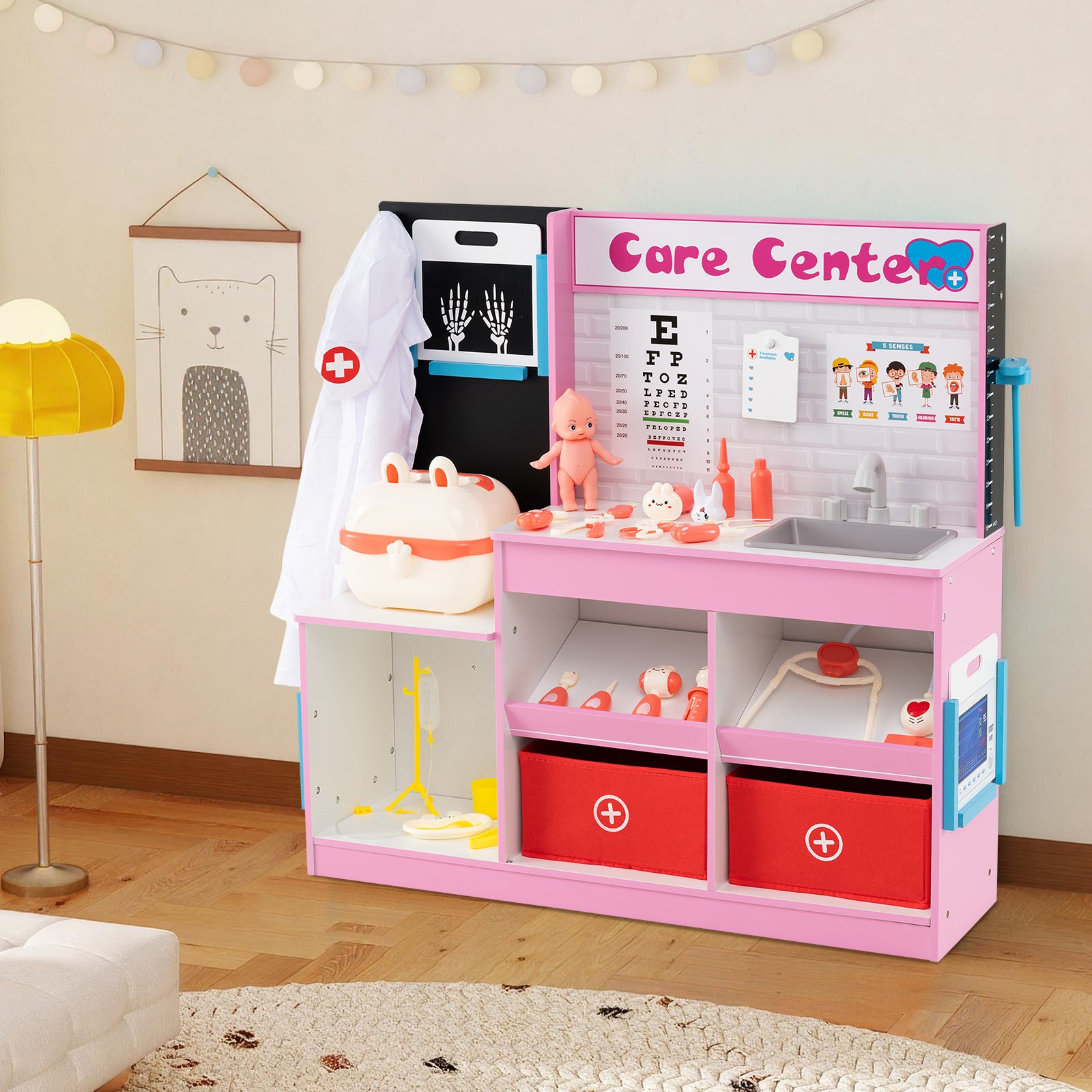 Play Doctor's Office Wood Medical Center Toy Set with Examine Region-Pink