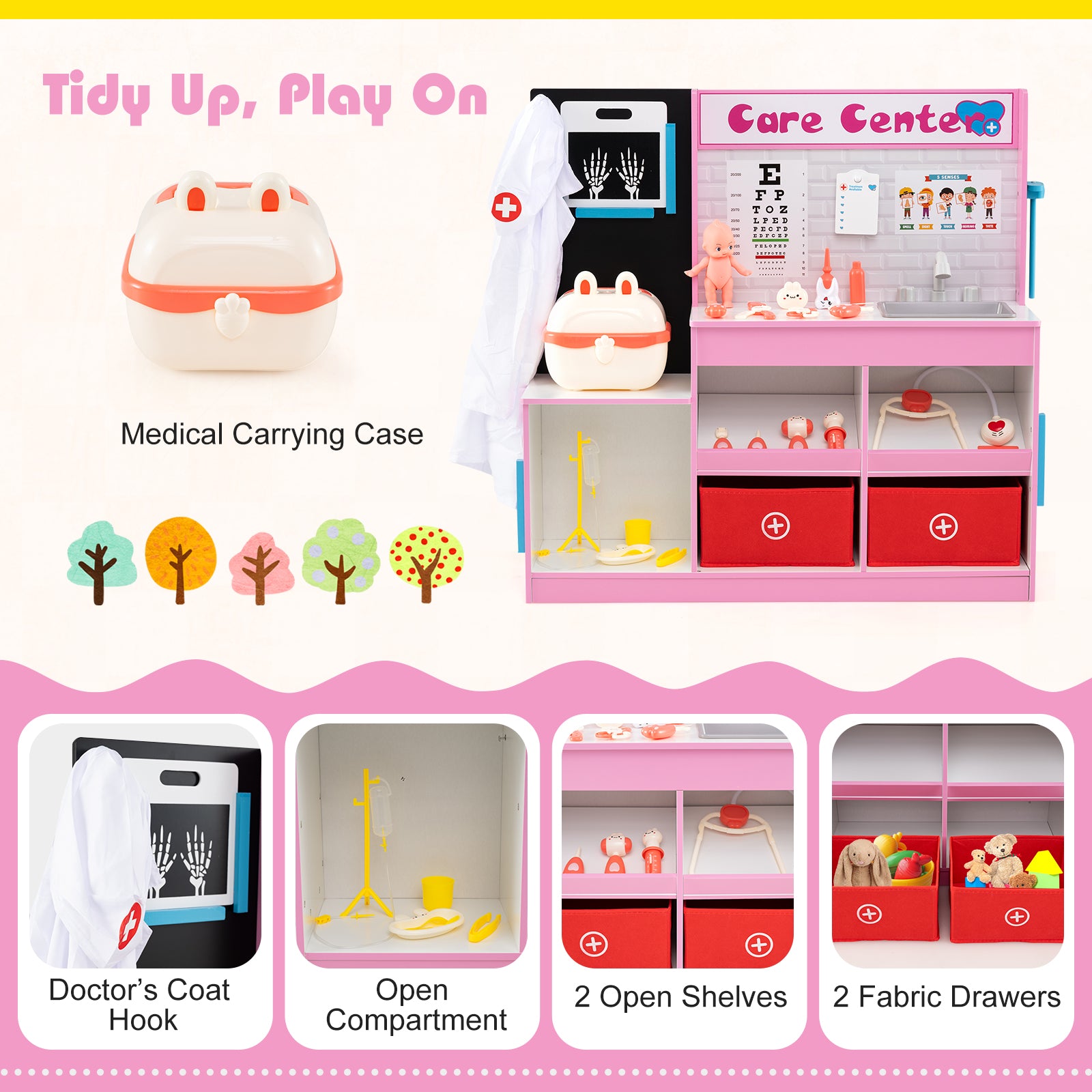 Play Doctor's Office Wood Medical Center Toy Set with Examine Region-Pink
