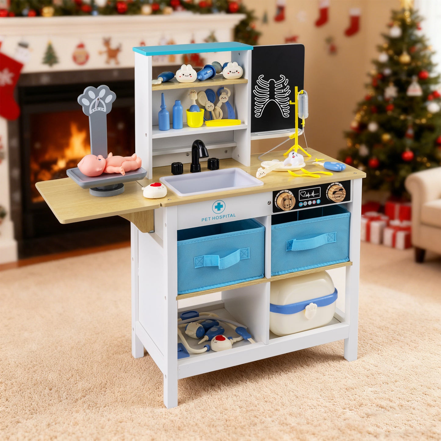 Play Doctor's Office Wood Medical Center Toy Set with Blackboard-White