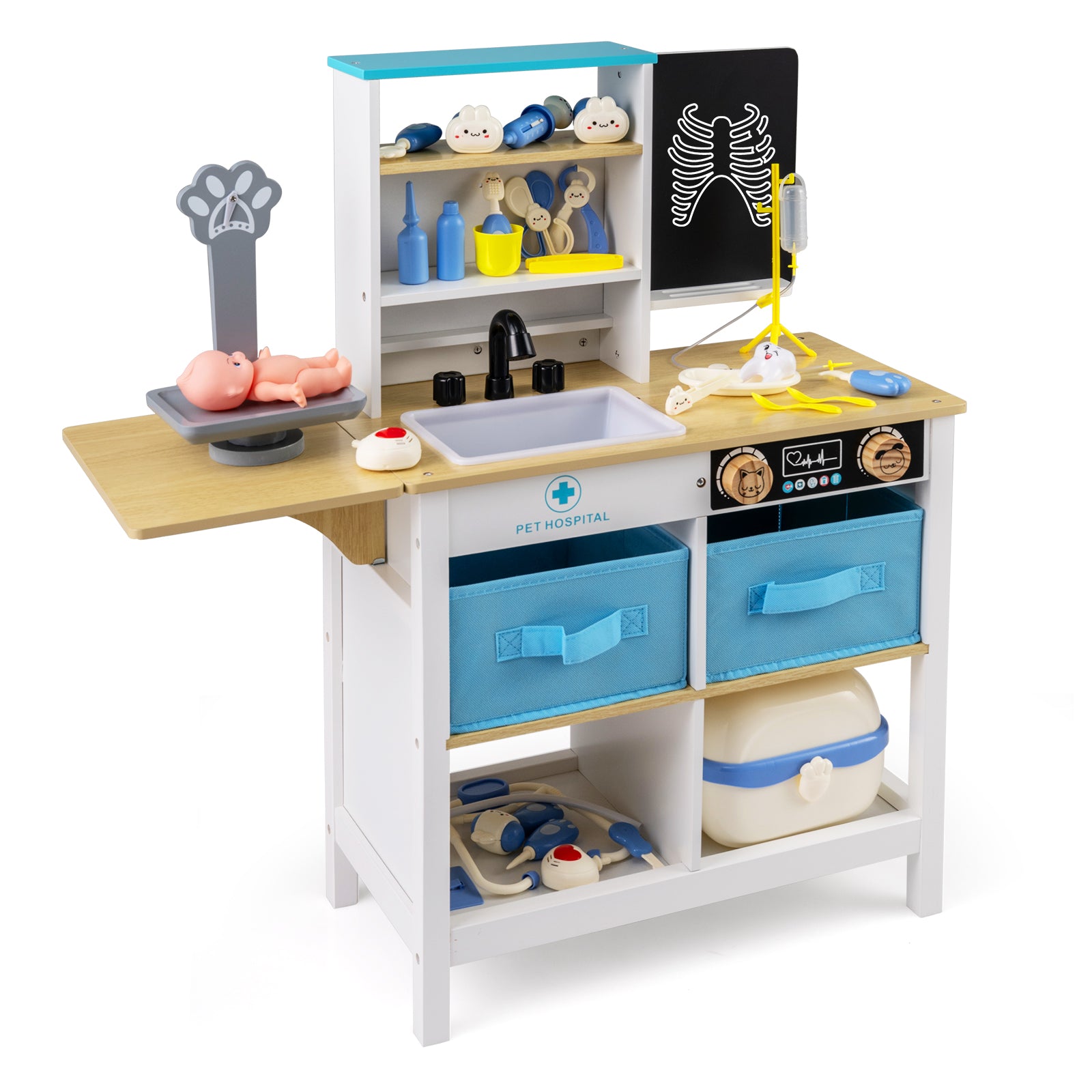 Play Doctor's Office Wood Medical Center Toy Set with Blackboard-White