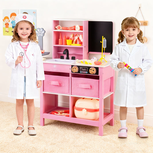Play Doctor's Office Wood Medical Center Toy Set with Blackboard-Pink