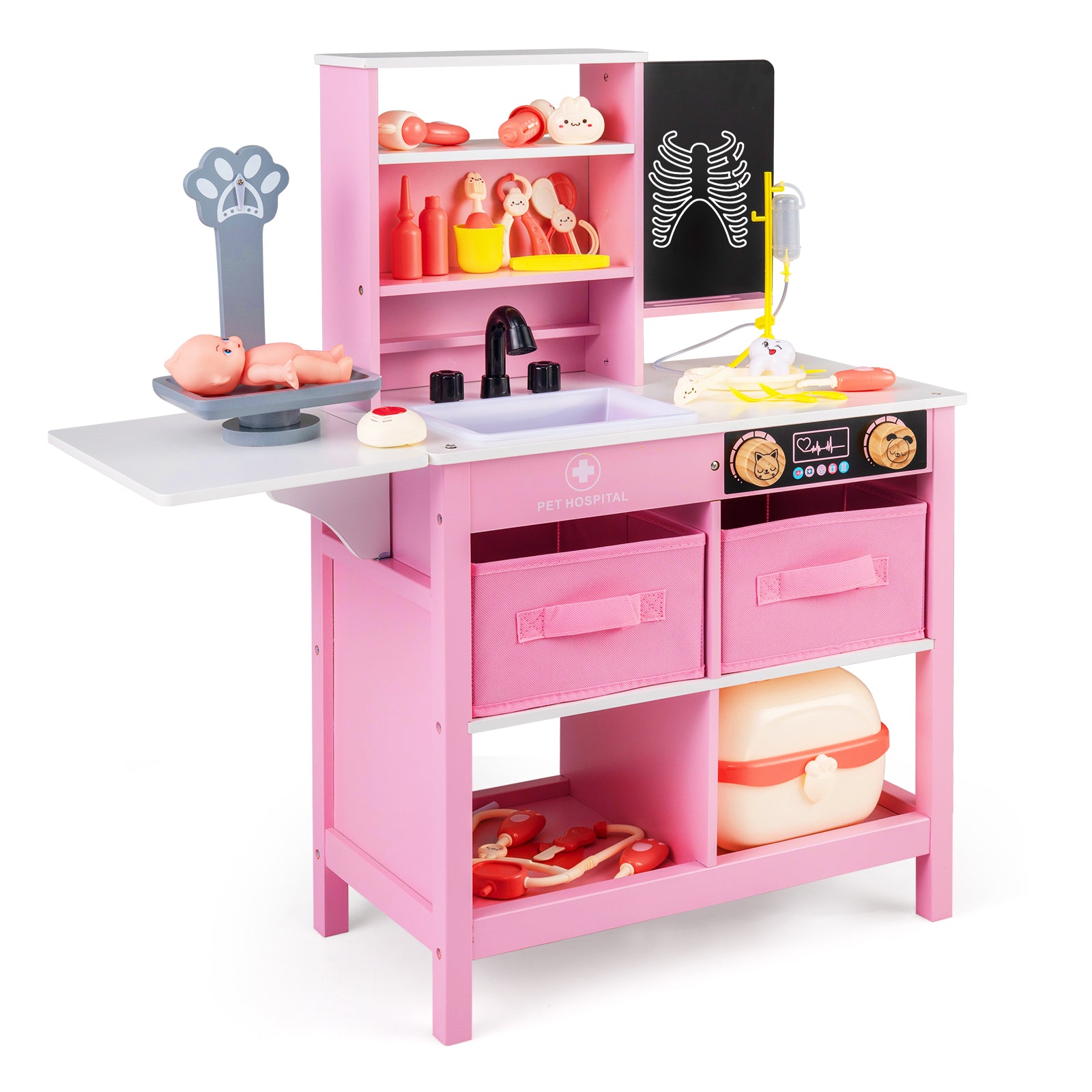 Play Doctor's Office Wood Medical Center Toy Set with Blackboard-Pink