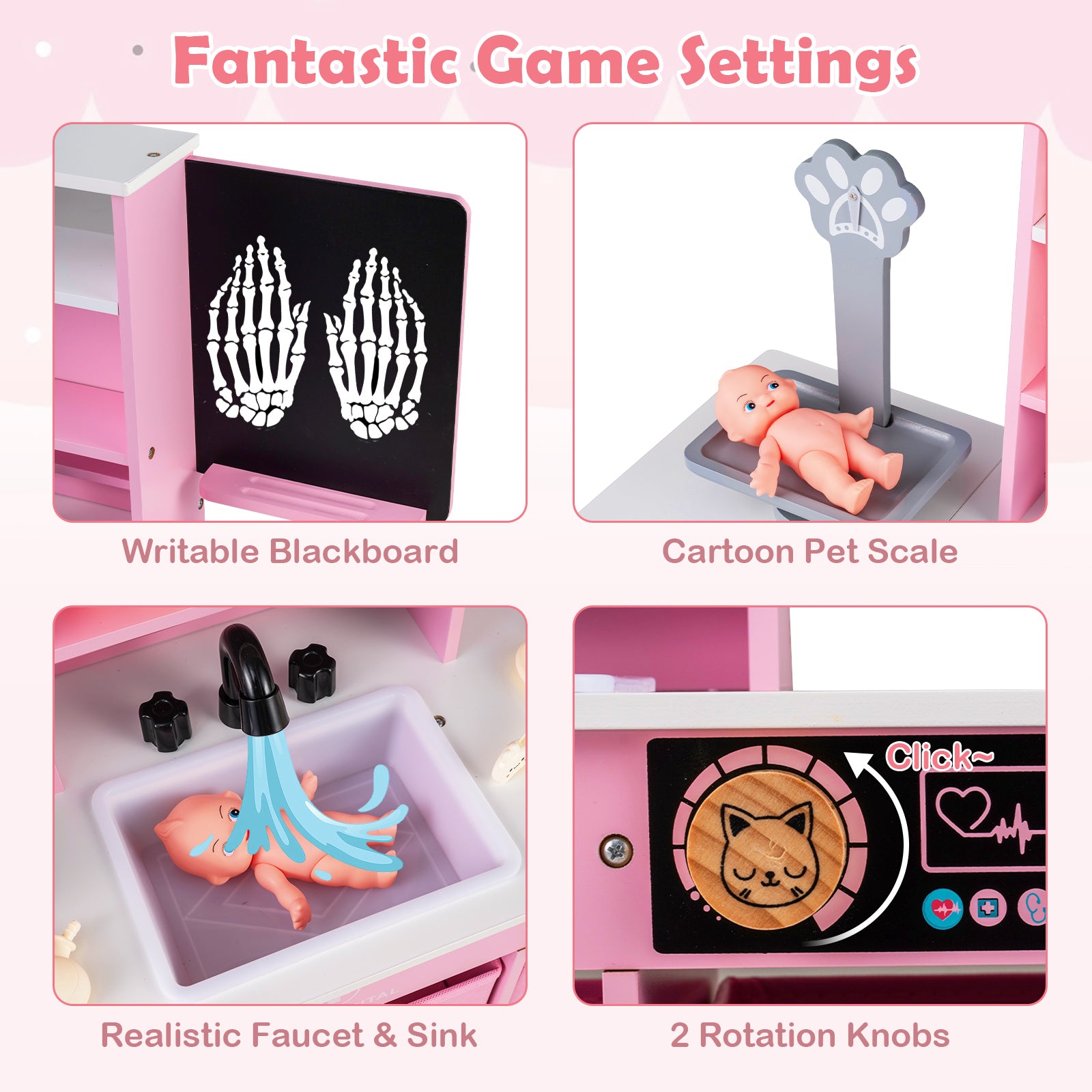 Play Doctor's Office Wood Medical Center Toy Set with Blackboard-Pink