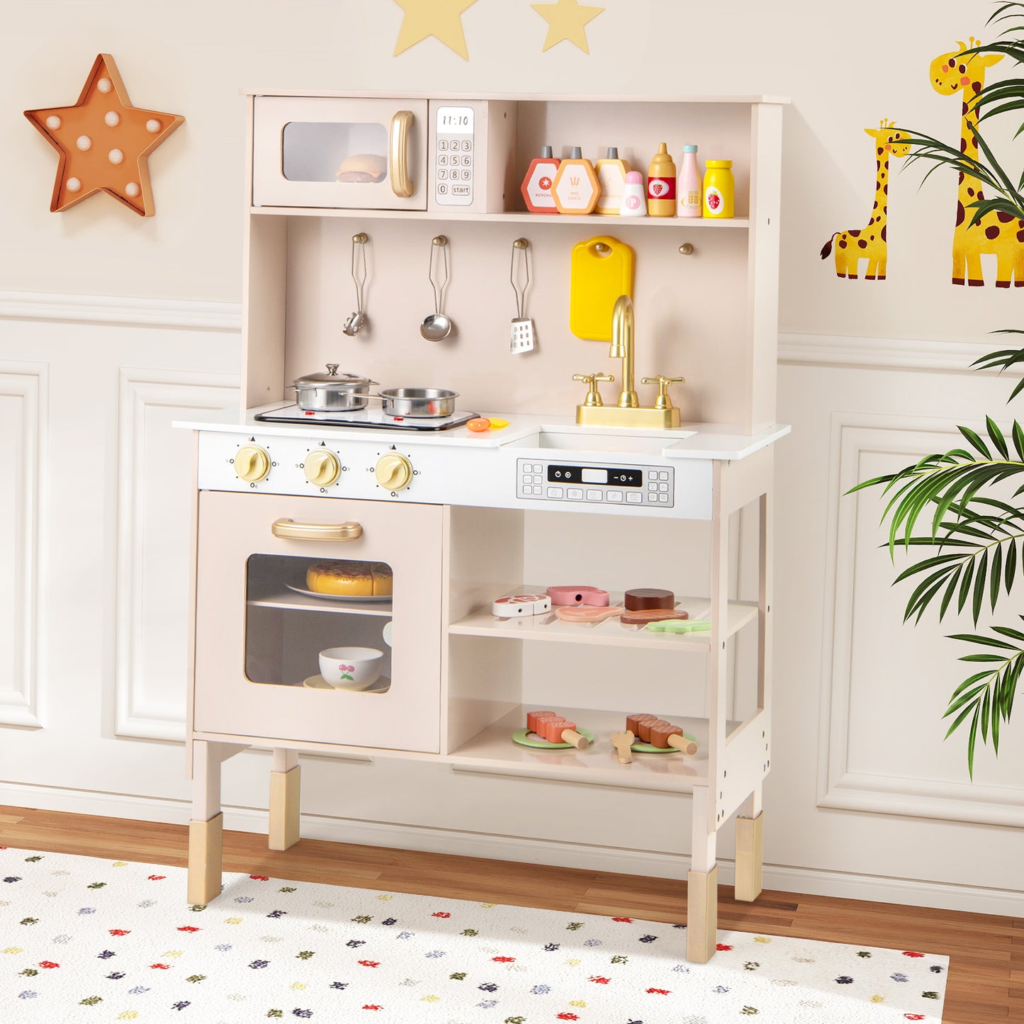 Play Kitchen Height Adjustable with Microwave and Lights and Sounds-Pink