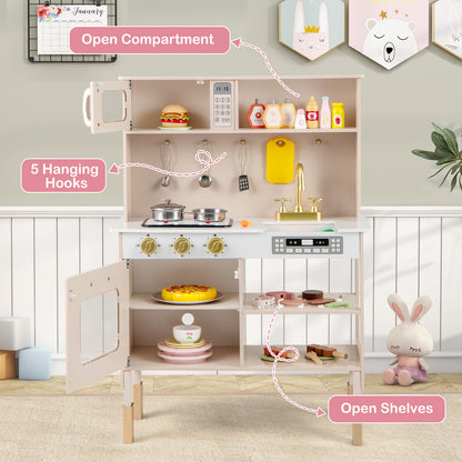 Play Kitchen Height Adjustable with Microwave and Lights and Sounds-Pink