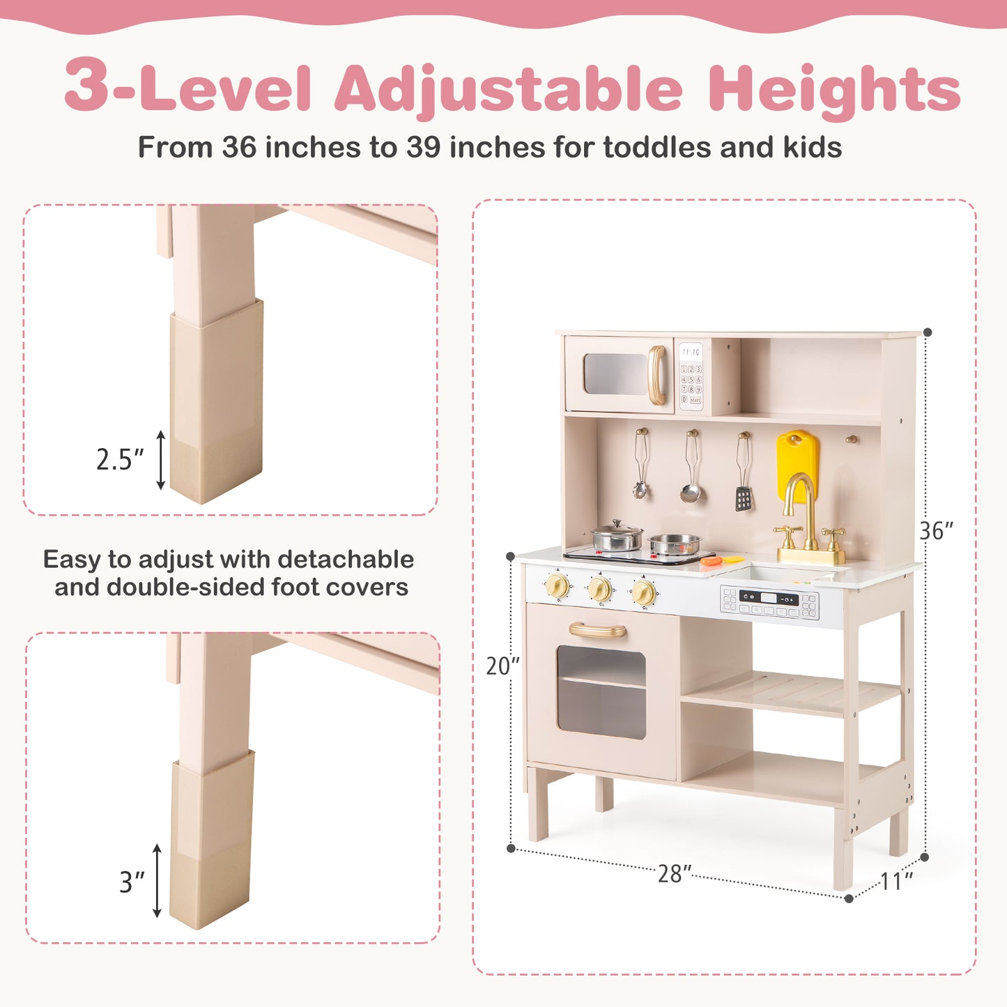 Play Kitchen Height Adjustable with Microwave and Lights and Sounds-Pink