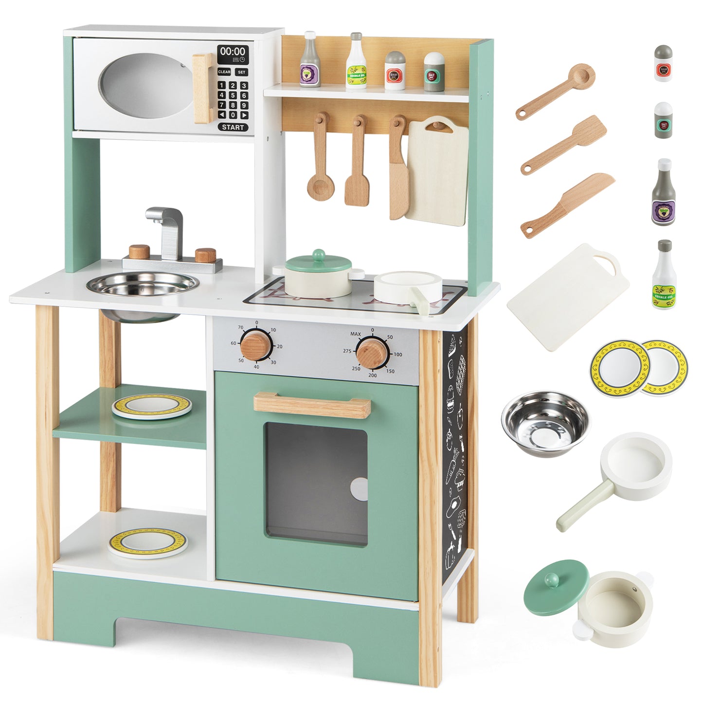 Play Kitchen Wooden Toy Kitchen Playset with Chalkboard Birthday Gift for Kids Aged 3 +-Green