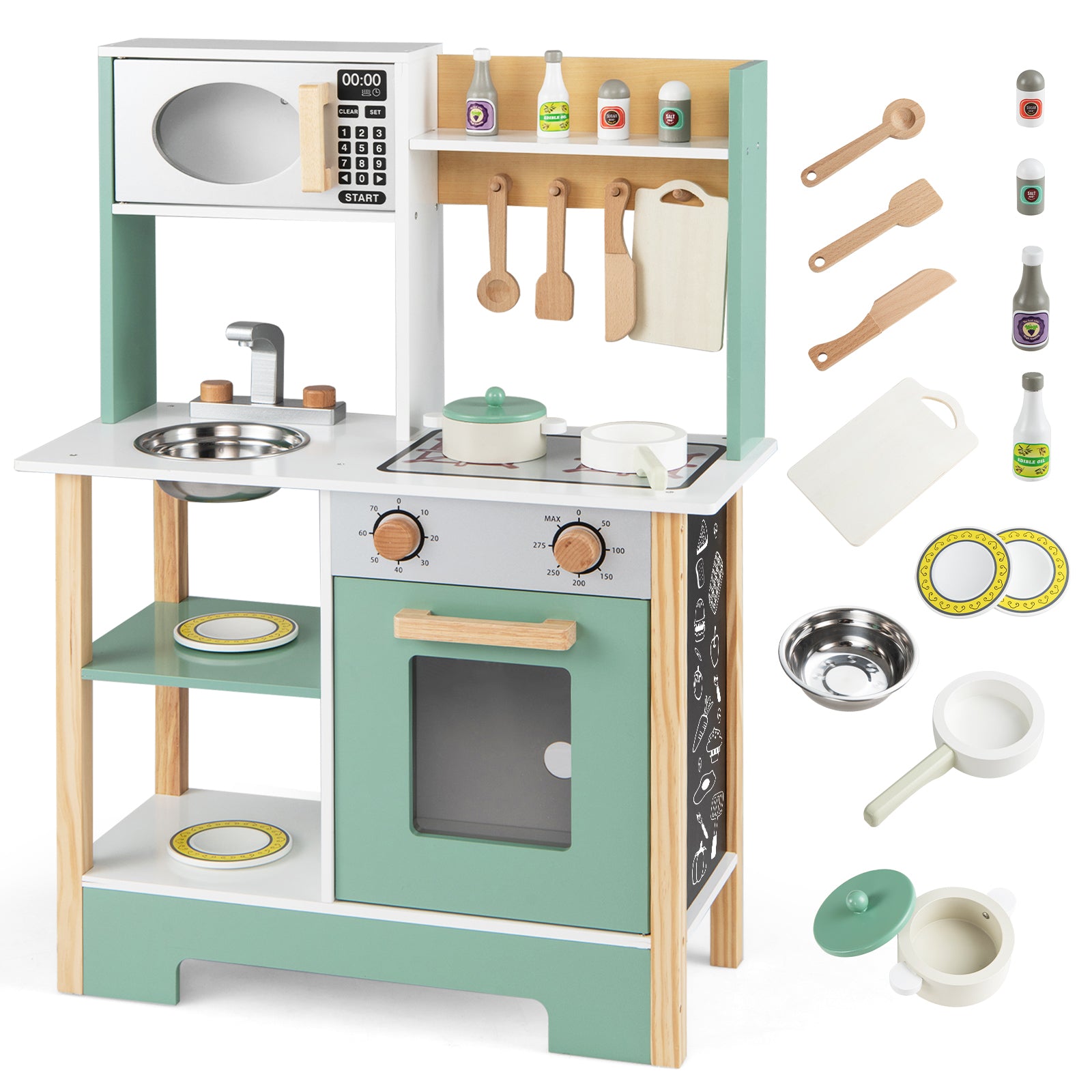 Play Kitchen Wooden Toy Kitchen Playset with Chalkboard Birthday Gift for Kids Aged 3 +-Green