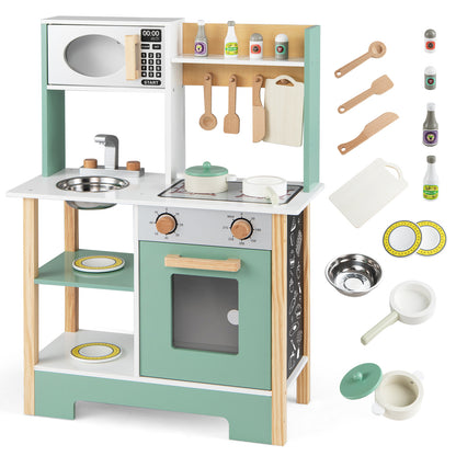 Play Kitchen Wooden Toy Kitchen Playset with Chalkboard Birthday Gift for Kids Aged 3 +-Green