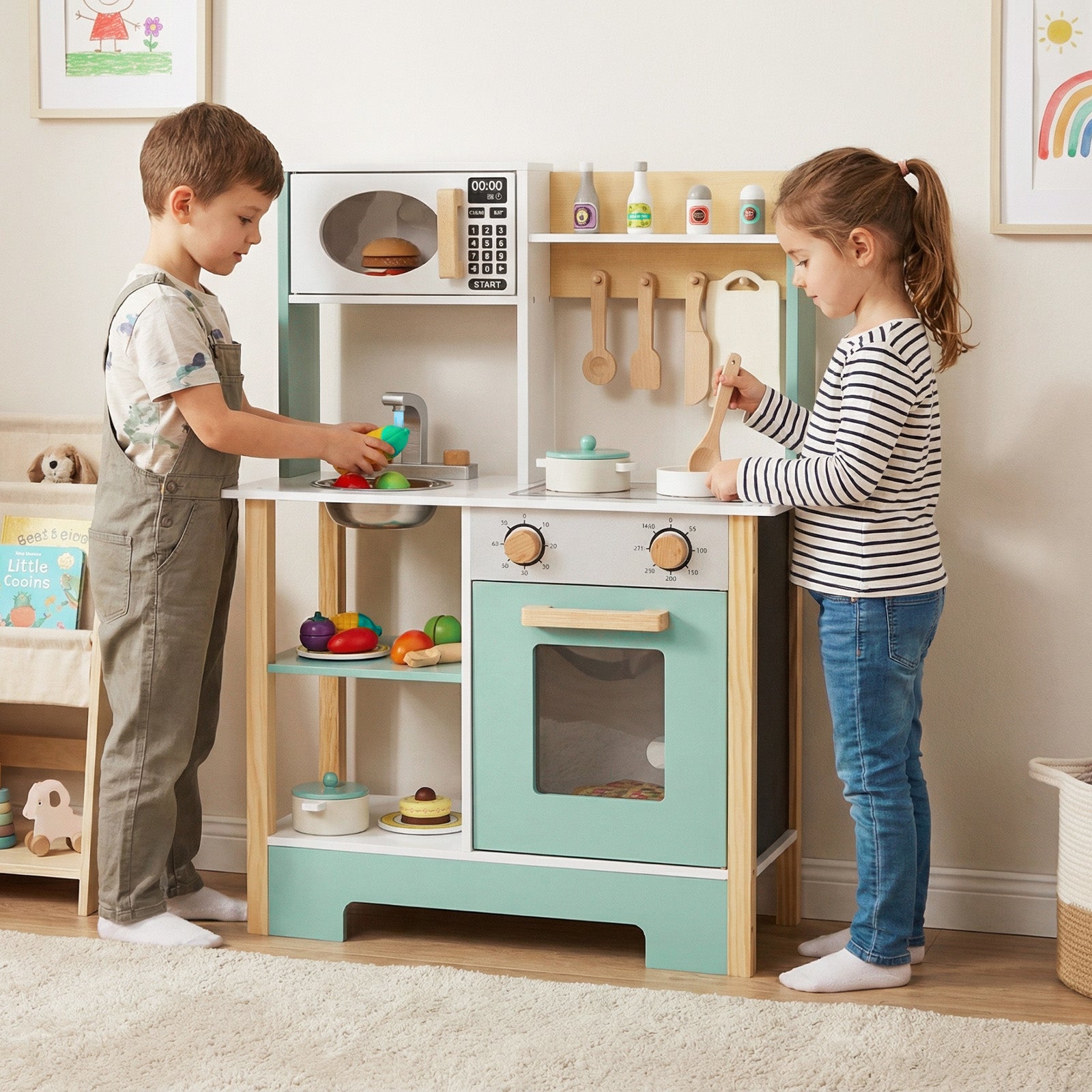 Play Kitchen Wooden Toy Kitchen Playset with Chalkboard Birthday Gift for Kids Aged 3 +-Green