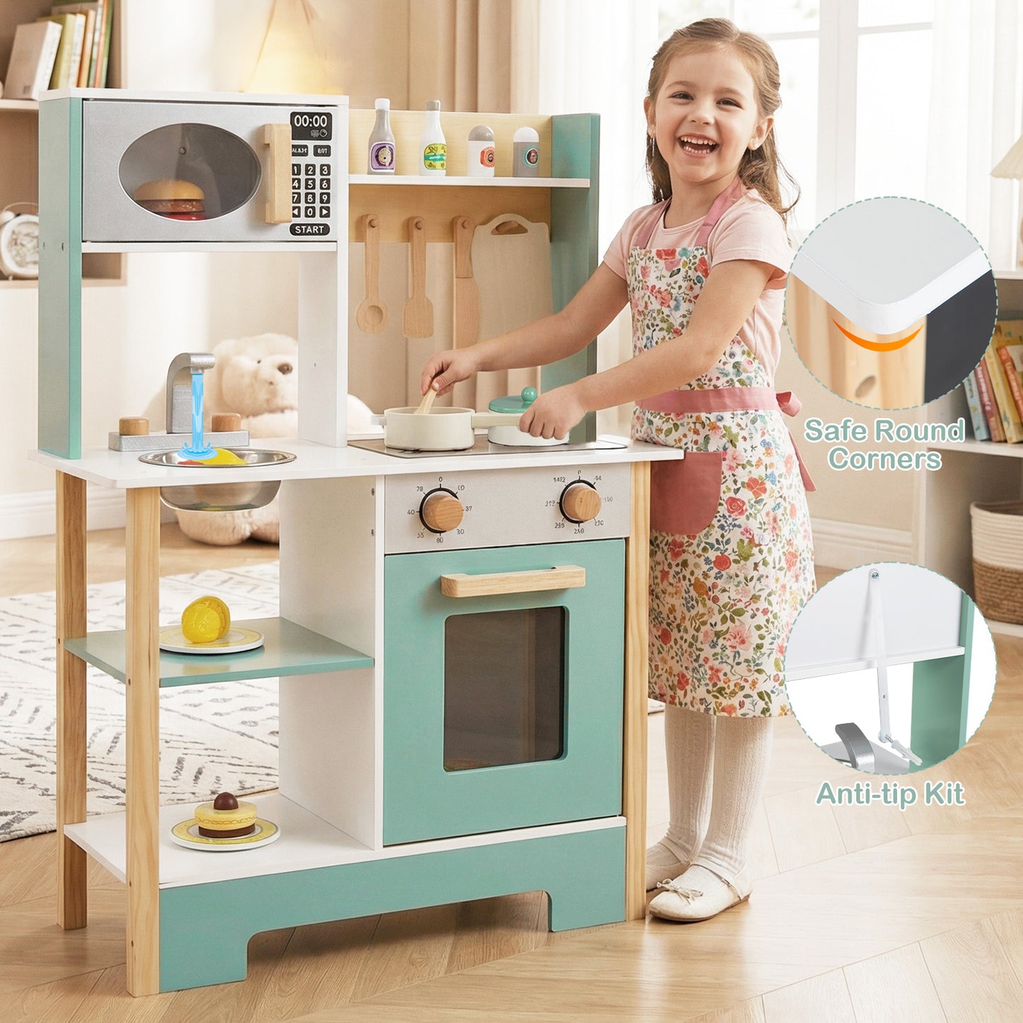 Play Kitchen Wooden Toy Kitchen Playset with Chalkboard Birthday Gift for Kids Aged 3 +-Green