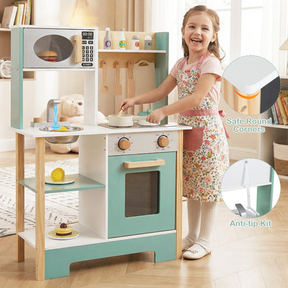 Play Kitchen Wooden Toy Kitchen Playset with Chalkboard Birthday Gift for Kids Aged 3 +-Green