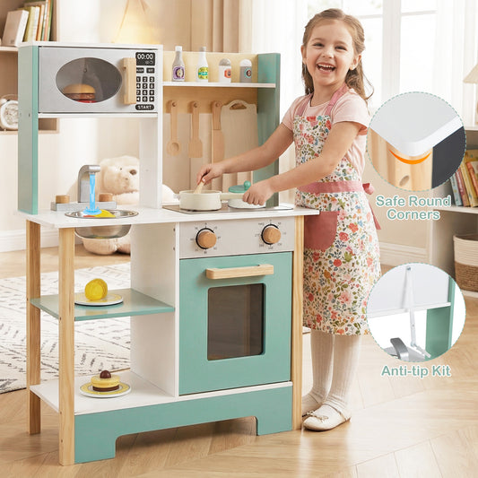 Play Kitchen Wooden Toy Kitchen Playset with Chalkboard Birthday Gift for Kids Aged 3 +-Green